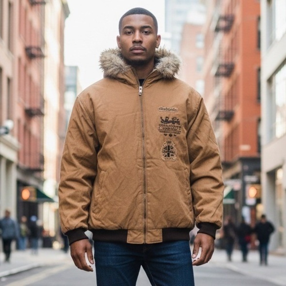 Vintage Y2K AKADEMIKS Canvas Faux Fur Bomber Jacket Reversible Hip Hop XL Hooded